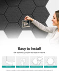 Ultra Sleek Hexagon Acoustic Panels With Heavy Duty Self Adhesive Backing 18 Pack Polyester Fiber Sound Panels on wall, user hangs a photo.
