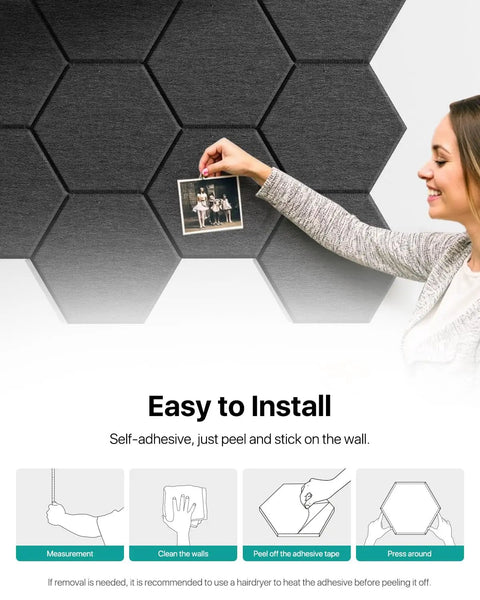Ultra Sleek Hexagon Acoustic Panels With Heavy Duty Self Adhesive Backing 18 Pack Polyester Fiber Sound Panels on wall, user hangs a photo.