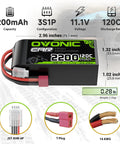 Shorty 3S LiPo Battery 11.1V 2200mAh 120C With Dean Style T Plug for RC Cars, dimensions and plug details shown