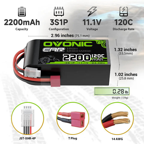 Shorty 3S LiPo Battery 11.1V 2200mAh 120C With Dean Style T Plug for RC Cars, dimensions and plug details shown