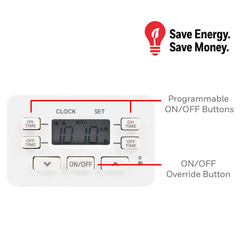 Front view of 24 Hour Digital Plug Timer With One Polarized Outlet No Fuss Two Programmable On Off Cycles For Lamps And Indoor Lighting 125VAC Indoor Timer White 1 Pack Model 45184, showing programmable buttons and display.
