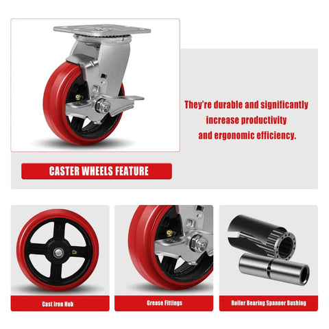 Industrial Casters Set Of Four 5 In Diameter By 2 In Wide Heavy Duty Crowned Polyurethane Tread Cast Iron Center Wheels