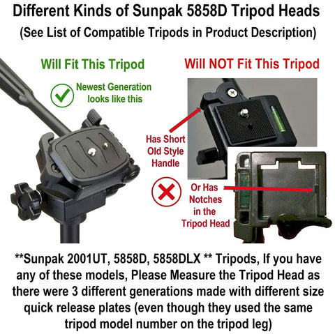 44mm Quick Release Tripod Plate Mount Adapter For Cameras And Video Gear Universal 1 3 4 Inch Square Base Fits Most Tripod Heads Replacement Base Plate For Ambico Velbon Vista Sunpak Sony Ravelli And More, image showing Sunpak 5858D compatible and incompatible tripod heads with visual guides.