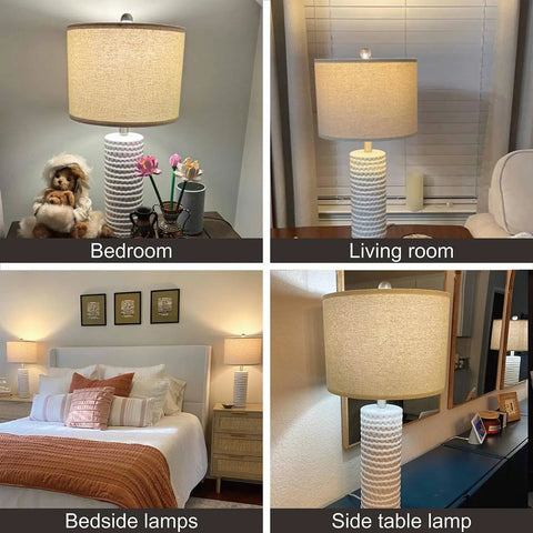 24 Inch Farmhouse Ceramic Table Lamp Set Of 2 White For Bedroom And Living Room Modern Nightstand Lamps For Desk Office Or Dorm Decor Durable Ceramic Base With Scratch Resistant Finish showcasing various placements in bedroom and living room.