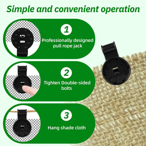 Image demonstrating installation steps for 50 Pack Tough As Nails Netting Clips With Grommet Holes for garden use.