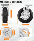 Heavy Duty Pneumatic Caster Wheels 8 Inch 4 Pack detailed dimension image with measurements for swivel and rigid rollers.