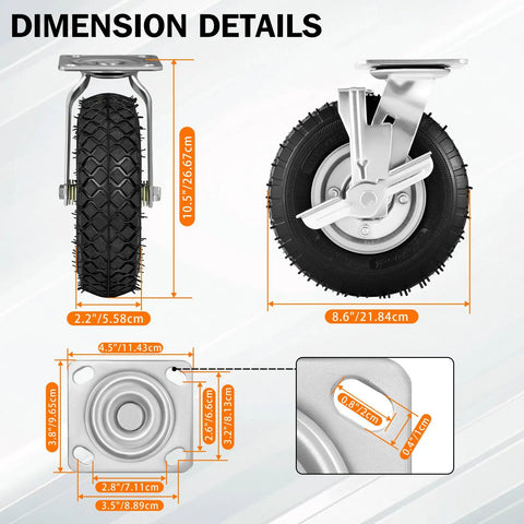 Heavy Duty Pneumatic Caster Wheels 8 Inch 4 Pack detailed dimension image with measurements for swivel and rigid rollers.