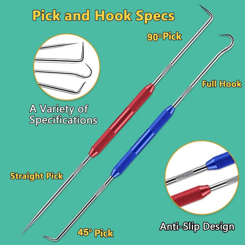 Image of pick and hook tools with variety of specifications for All In One Faucet Washer Kit With O Rings And Plumbing Gaskets, 1075 Piece Universal Rubber Washers Set For Faucet Hose Spigot Repair, 18 O Ring Types, 10 Beveled And Flat Washers, 14 Plumbing Washers, Includes Pick Hook.