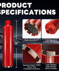 Front view: DaduoRi Premium 4-inch wet core drill bit for hard concrete; red body, 14-inch depth, 1-1/4-inch UNC, diamond segments.