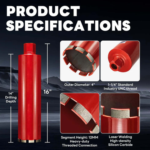 Front view: DaduoRi Premium 4-inch wet core drill bit for hard concrete; red body, 14-inch depth, 1-1/4-inch UNC, diamond segments.