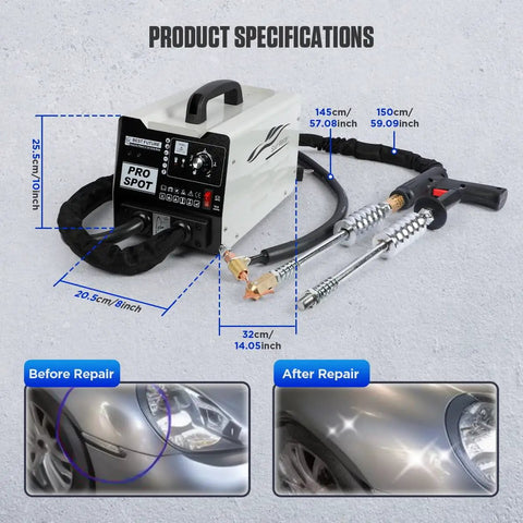 Pro Grade Dent Puller Welder Kit With 3800A Peak Output And 3000W Stud Welder For Auto Body Repair and size specifications