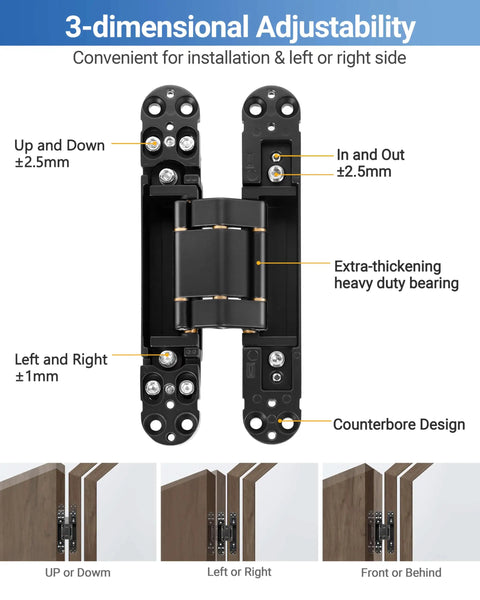 Heavy Duty Invisible Door Hinges Two Pack Slick Concealed Hardware With Rock Solid Copper Mount showing 3-dimensional adjustability design.