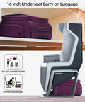 Purple 16 Inch Underseat Carry On Luggage That Fits Under Airline Seats With Spinner Wheels, shown under airplane seat