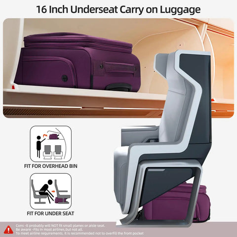 Purple 16 Inch Underseat Carry On Luggage That Fits Under Airline Seats With Spinner Wheels, shown under airplane seat