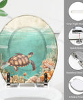Round Resin Toilet Seat for Bathroom with turtle design, 14.5" x 16.5", featuring stainless steel hinge and grip-tight bumpers.