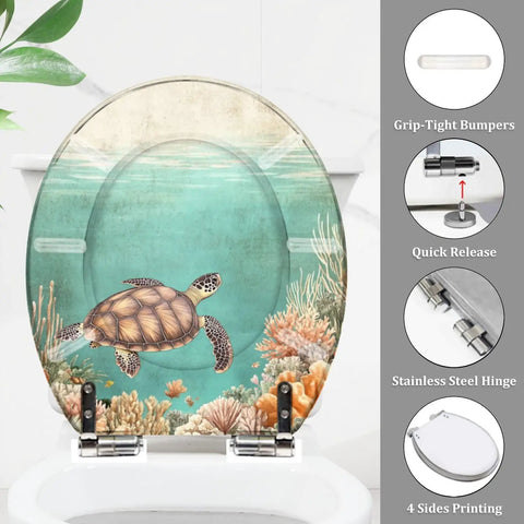 Round Resin Toilet Seat for Bathroom with turtle design, 14.5" x 16.5", featuring stainless steel hinge and grip-tight bumpers.