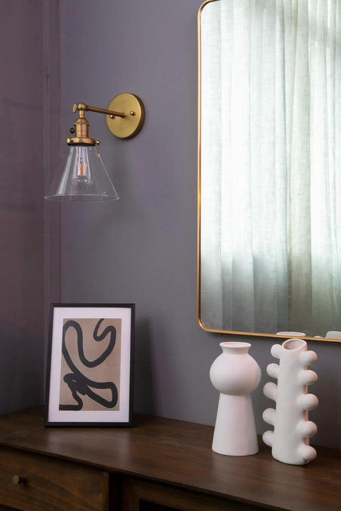 1 Light Wall Mount Sconce With Funnel Flared Clear Glass Shade Handblown Glass Lampshade Dope Industrial Antique Gold Finish