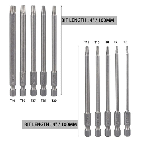 Torx Security Screwdriver Bit Set 10 Piece T6 To T40 With Quarter Inch Magnetic Hex Shank 4 Inch Long S2 Steel Tamper Proof Star Bits