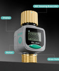 Water Flow Meter With Brass Fittings For Garden Hose with display, button, and brass ports shown on black background