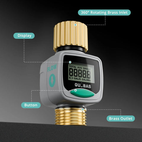 Water Flow Meter With Brass Fittings For Garden Hose with display, button, and brass ports shown on black background