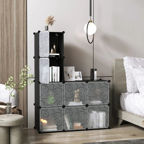 Cube Storage Organizer With Doors Eight Cube Shelves Closet Cabinet in bedroom, plastic black modular bookshelf with decor items.