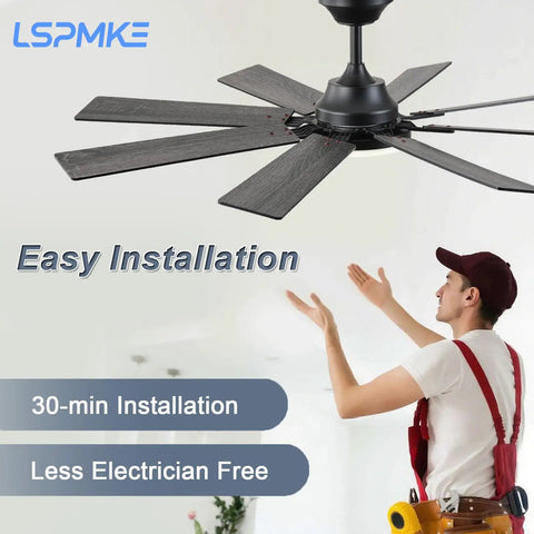 Installer positioning a black 52 Inch Ceiling Fan With Light And Remote, Reversible DC Motor, in a room