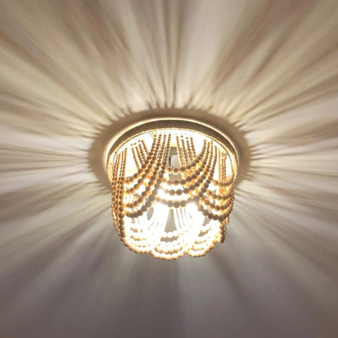 Boho Wood Beaded Chandelier 3 Light Semi Flush Mount Oak White Finish Mini Chandelier for Bedroom Hallway Nursery Kitchen