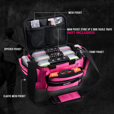 600D Water-Resistant Fishing Tackle Bag With Soft Side Crossbody Sling for Women showing pockets and tackle trays