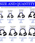 Heavy Duty Ratcheting Hose Clamp Set 6.1 To 26.1 Mm Adjustable Nylon Plastic Double Snap Grip 8 Size Kit With 68 Pieces Black Corrosion Resistant Construction For Automotive Marine And Home DIY Applications shown in size chart.
