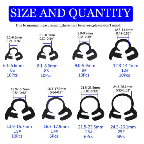 Heavy Duty Ratcheting Hose Clamp Set 6.1 To 26.1 Mm Adjustable Nylon Plastic Double Snap Grip 8 Size Kit With 68 Pieces Black Corrosion Resistant Construction For Automotive Marine And Home DIY Applications shown in size chart.