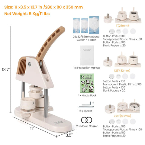 Versatile Button Maker Kit 25 32 58mm 3 in 1 Pin Press with Ergonomic Arc Handle showcasing parts and accessories included