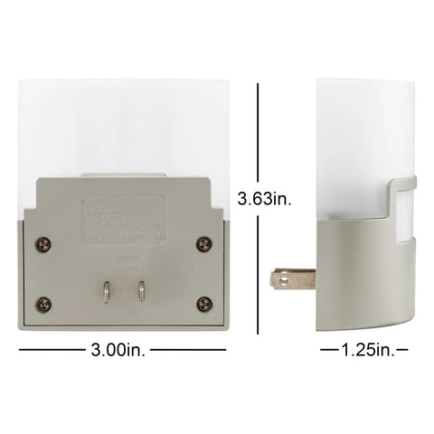 Motion Sensor Night Light Plug In 40 Lumens Soft White LED Nightlight UL Certified Energy Efficient No Fuss Auto On When Motion Detected Ideal Nightlight for Bedroom Bathroom Kitchen Hallway 2 Pack Silver Model 46633, dimensions shown