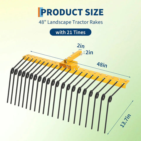 48 inch landscape tractor rake with 21 tines, yellow frame, side view showing dimensions and design, for yard cleanup.
