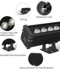 Close-up of 108W RGB Wall Washer Light With 24 Key RF Remote, showing the waterproof joint, US plug, and high lumens chips.