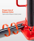 Close-up of release valve on red 20 Ton Air Hydraulic Bottle Jack with Pneumatic and Manual Operation, showing adjustment instructions.