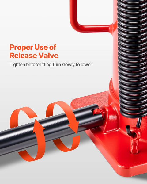 Close-up of release valve on red 20 Ton Air Hydraulic Bottle Jack with Pneumatic and Manual Operation, showing adjustment instructions.