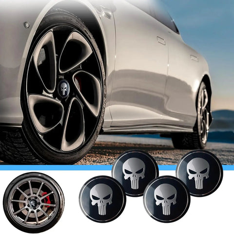 Legit Badass Skull Style Metal Wheel Center Hub Caps For Cars And Trucks, Scratch Resistant Self Adhesive Rim Covers, Heavy Duty Universal Black Upgrade For Your Ride on a wheel.