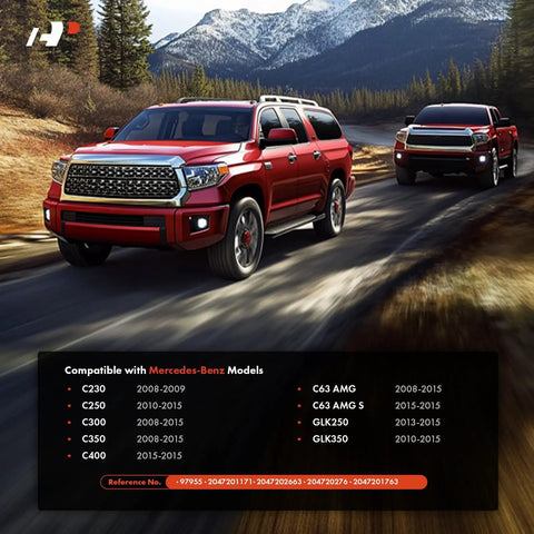 Red SUVs driving on a mountain road with a compatibility chart for Interior Door Handle Repair Kit For Mercedes Benz C230 C250 C300 C350 C400 C63 AMG C63 AMG S GLK250 GLK350 2008 To 2015 Front Or Rear Left Driver Side Fits W204 X204 in foreground