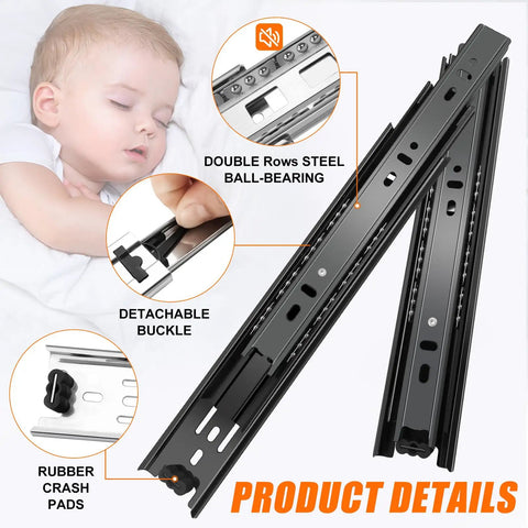 16 Inch Full Extension Drawer Slides Set, 4 Pairs (8 Pieces), Three Fold Side Mount Cabinet Glides, Black Beefy 100 Lb Capacity, Ideal For Dresser, Cabinet, Kitchen, Trash Can, Wardrobe. Black steel ball-bearing drawer slides with detachable buckle and rubber crash pads.