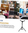 Straight Up Adjustable Height Alloy Snare Stand With Folding Practice Pad Rack Rock Solid Secure Mount Black in use with drummer.