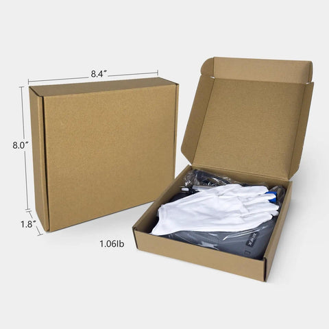 Open box of 120W Soldering Gun Kit With 110V Power Six Level Adjustable Temperature showcasing gloves and goggles.