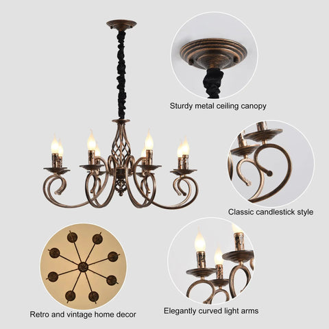 Rustic 8 Light Candle Chandelier In Vintage Iron With French Country Charm Farmhouse Pendant Light showing design details