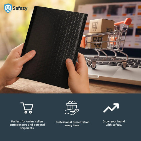 Person holding Double Layer Bubble Mailers 6x10 Inches 50 Pack Black Padded Envelopes next to a shopping cart model