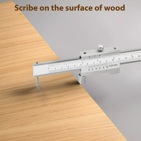 Heavy Duty 8 Inch Stainless Steel Scriber Caliper With Raw Hardened Carbide Scribe Needles marking a line on wood surface.