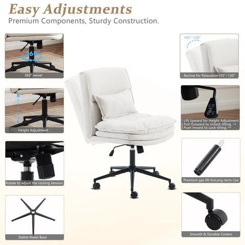 Cloud Criss Cross Legged Office Chair With Wheels 18 Inch High Back Armless Ergonomic Task Chair showing adjustments and features