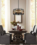 5 Light Metal Drum Chandelier With Wood Grain Shade above dining table and chairs, rustic farmhouse setting, 9x19.7 inches, E26 Base