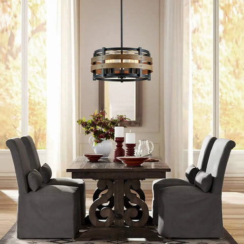 5 Light Metal Drum Chandelier With Wood Grain Shade above dining table and chairs, rustic farmhouse setting, 9x19.7 inches, E26 Base