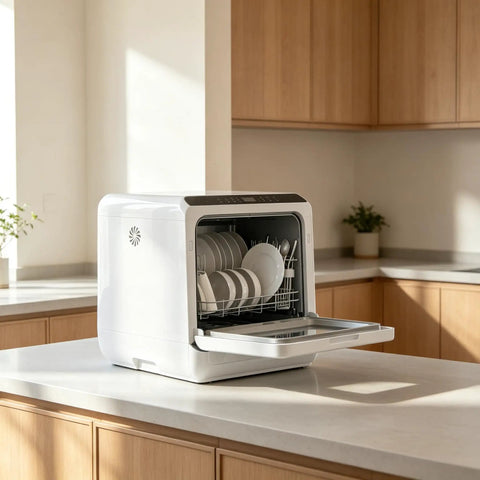 Snappy Portable Countertop Dishwasher With Built In One Point Six Gallon Tank For No Sweat Cleaning showing loaded dishes.