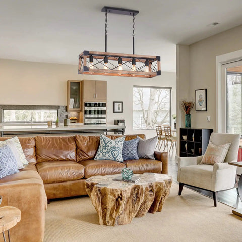 Rustic Farmhouse Wood Chandelier With Five Lights Rectangle Hanging Light Fixture For Dining Room And Kitchen Island