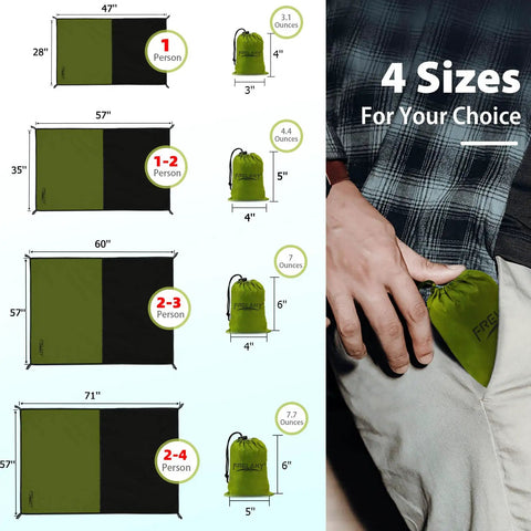 Pocket Sized Picnic Blanket Waterproof And Sandproof Beach Mat For Festivals Hiking Travel And Outdoor Adventures In Army Green 28 By 47 Inches Folds Down To A Tiny 3 By 4 Inches And Easily Fits In Your Pack, shown in four sizes.